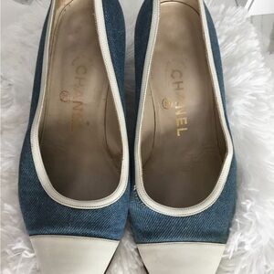 CHANEL Denim Blue and Cream Heels